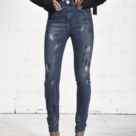 One Teaspoon Scallywags Jeans High Rise Painted Blue Marine Wash Denim - Picture 1 of 14